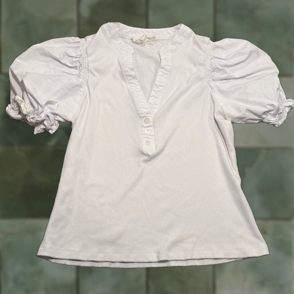 Tuckernuck Pomander Place White Livia Top XS Puff Sleeve Ribbed Tee EUC Space?