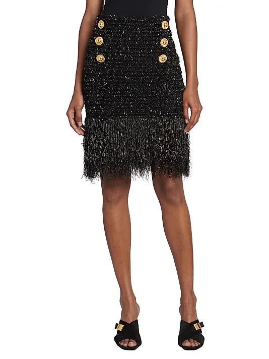 Balmain o1s1wg110825 Tweed Fringe Midi Skirt in Black Size 26" / US 2 / IT 38 - 2 Thumbnail