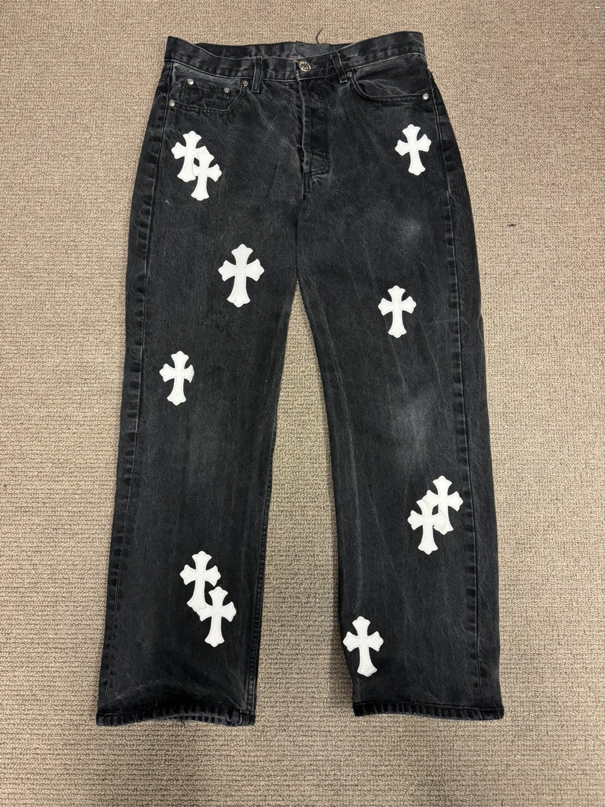 image of Chrome Hearts Chrome Heart Grey White Patch Jeans, Men's (Size 32)