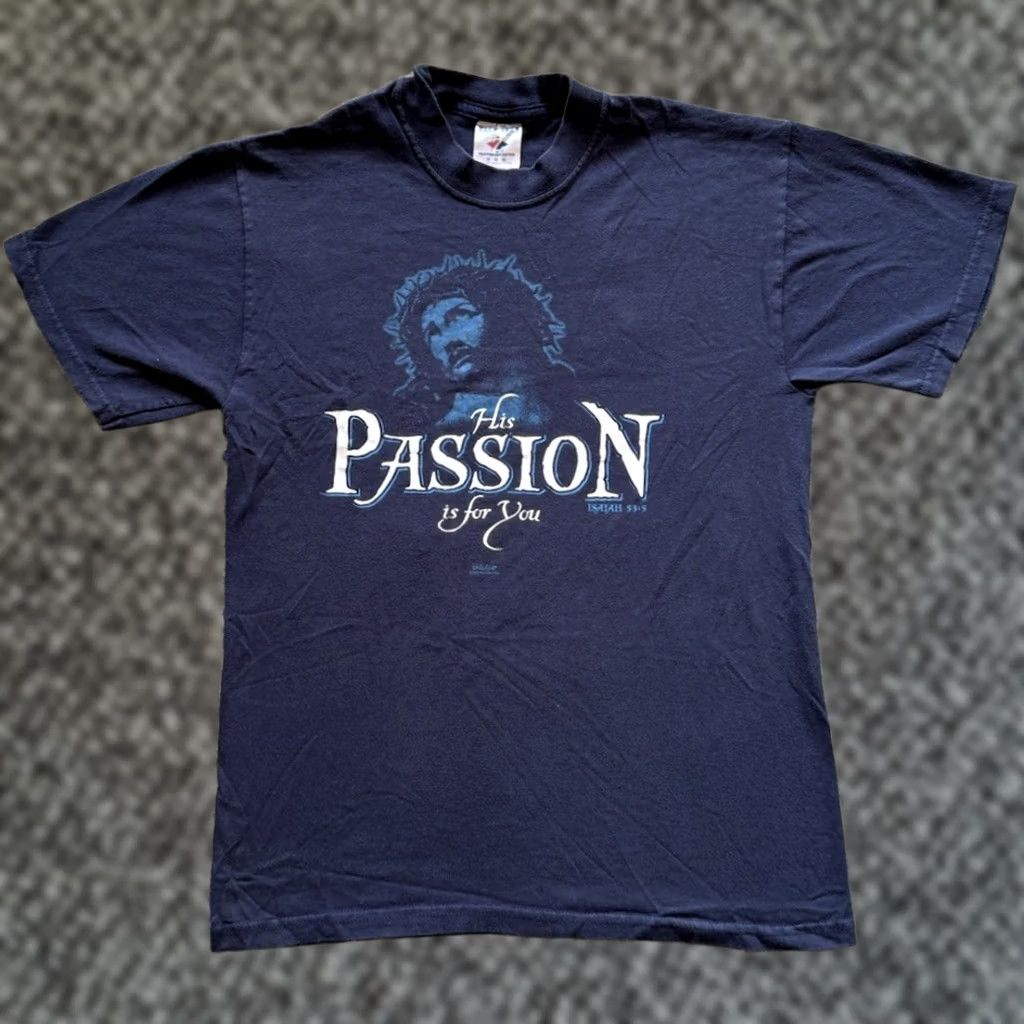 Jerzees VINTAGE His Passion Is For You Jesus Tee Sz M Kerusso Jesus Christ T Shirt Shirt Short Sleeve Crew Neck Blue Cotton Men 2000-2009 Logo Graphic Print Size US M / EU 48-50 / 2 - 1 Thumbnail