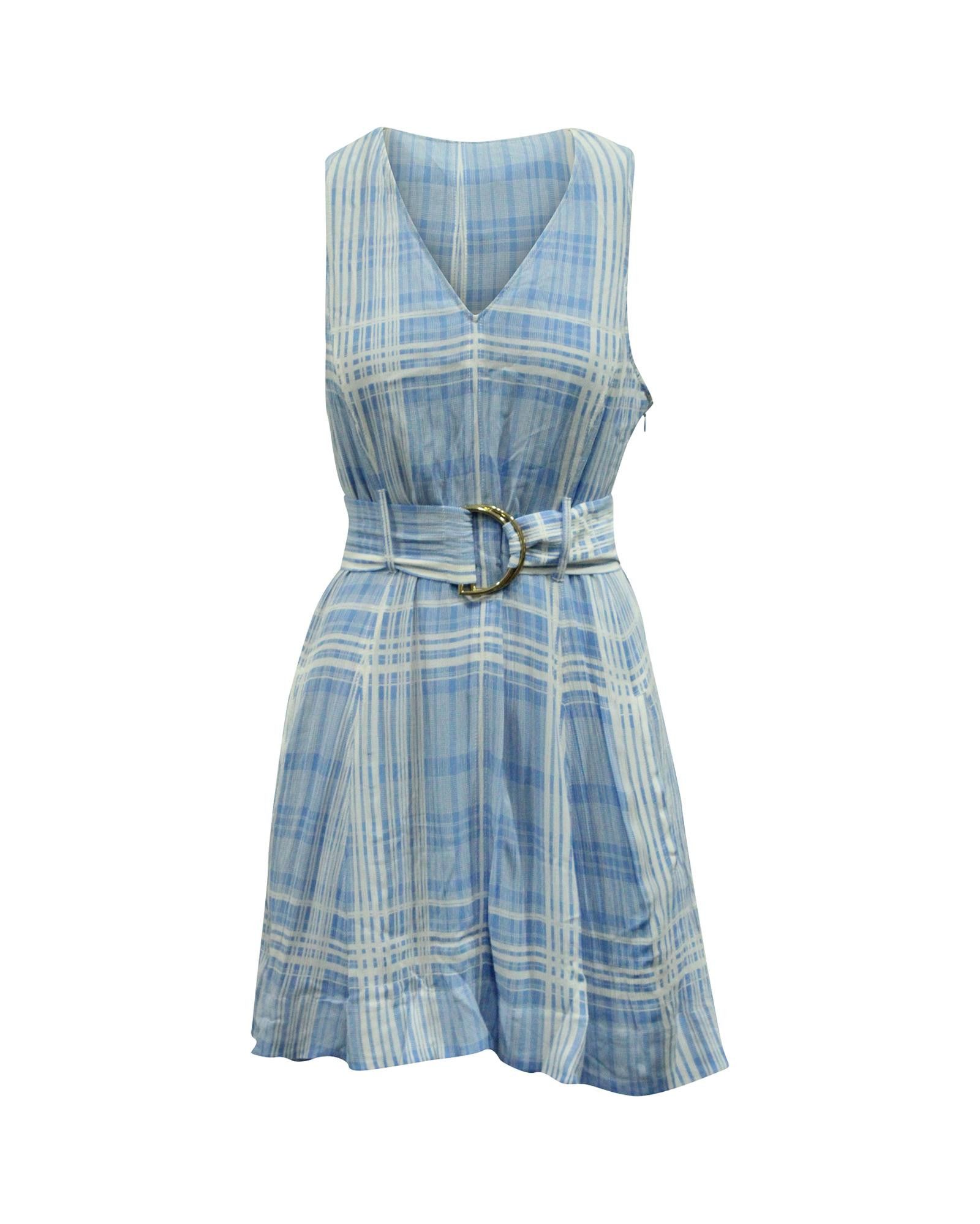 image of Diane Von Furstenberg Plaid Belted Sleeveless Dress In Light Blue Viscose in Blue/Light Blue, Women