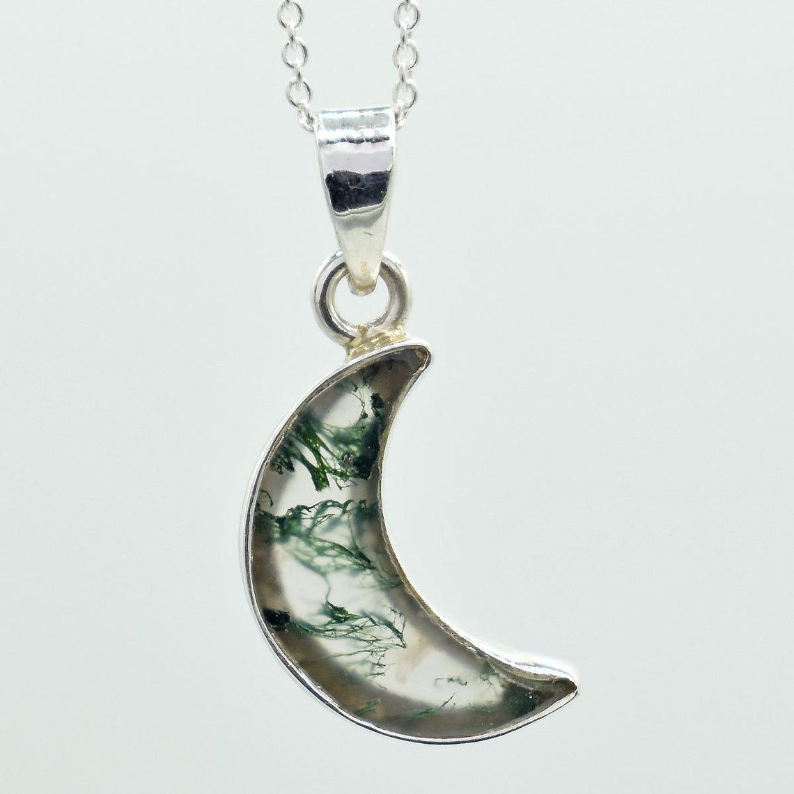 Handmade Moss Agate Moon Pendant: 925 Sterling Silver Necklace Size ONE SIZE - 2 Thumbnail