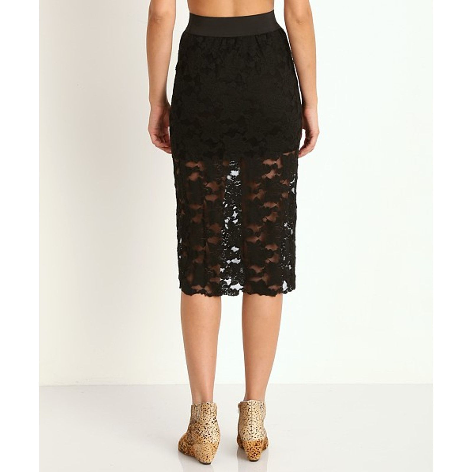 Free People New Lace Pencil Skirt Black $78 X-Small Midi Elastic Waist Size 26" / US 2 / IT 38 - 6 Thumbnail