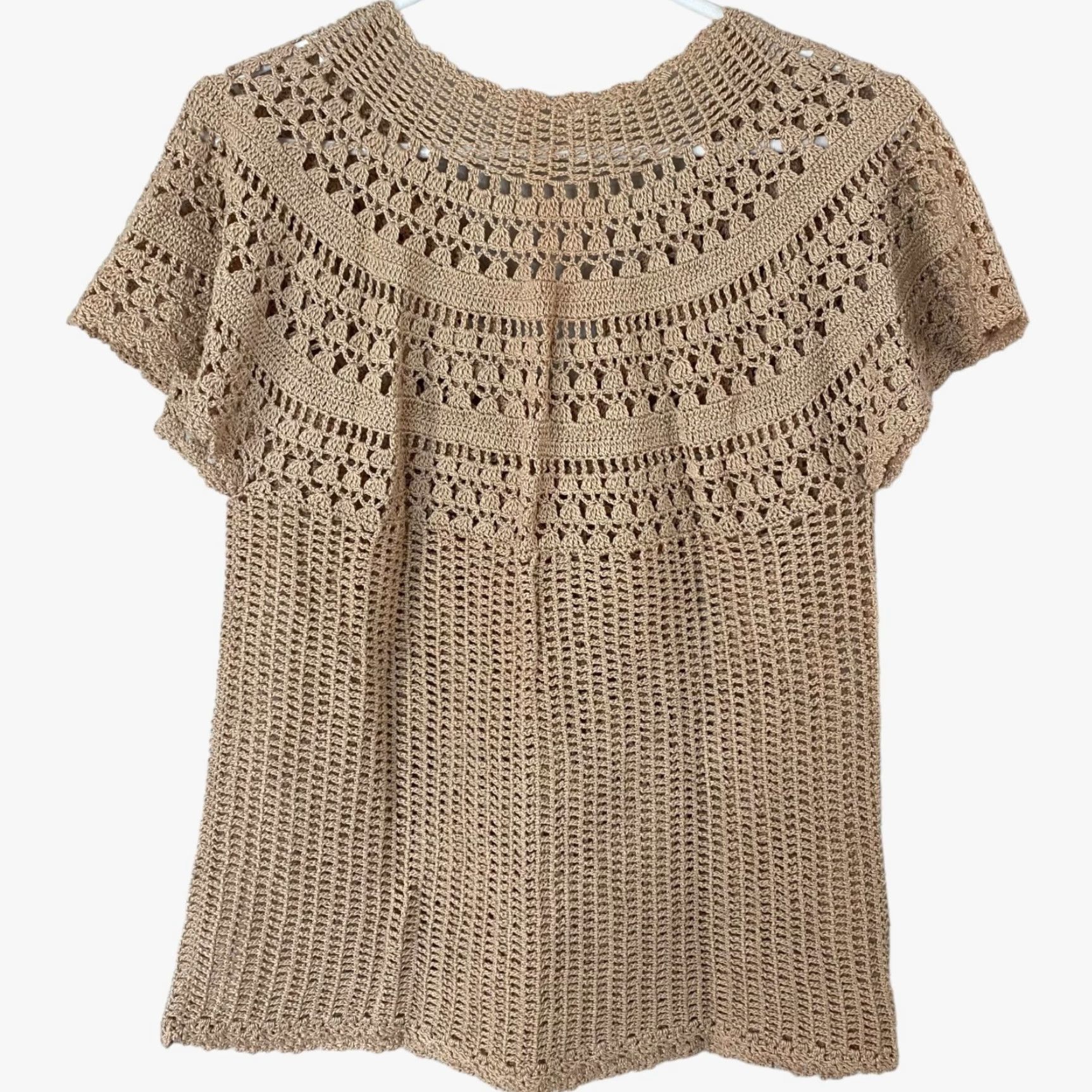 Vintage VINTAGE Flair Boho Crochet Knit V-Neck Blouse Womens Medium Short Sleeve Top Tan Beige Cotton Size M / US 6-8 / IT 42-44 - 3 Thumbnail