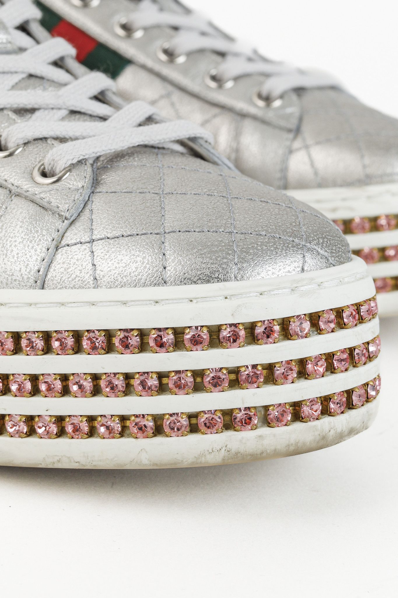 Gucci Gucci Ace Silver Quilted-Leather Crystal-Platform Sneakers Size US 9.5 / IT 39.5 - 7 Thumbnail