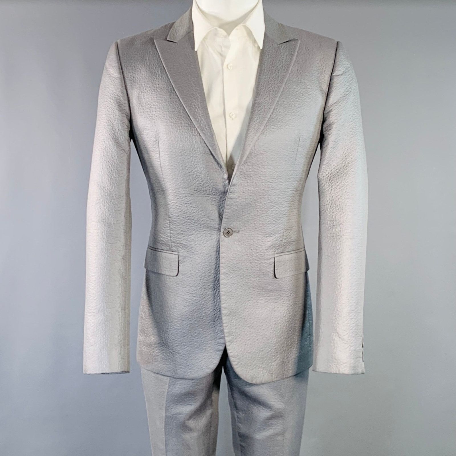Size 38 Grey Textured Cotton Blend Peak Lapel Suit