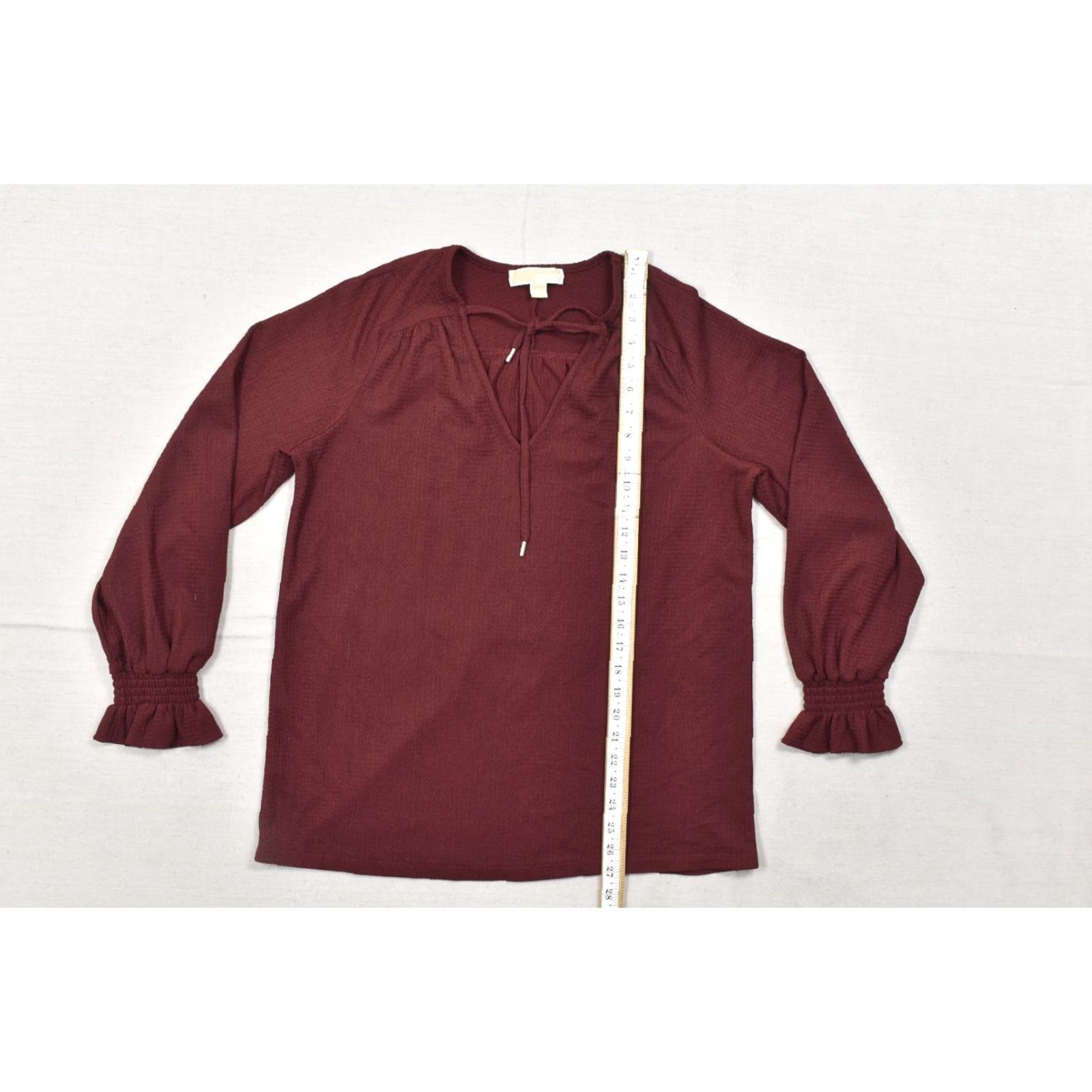 Michael Kors Michael Kors Blouse Womens Size M Maroon V-Neck Long Sleeve Smocked Cuff Tie Front Size M / US 6-8 / IT 42-44 - 2 Thumbnail