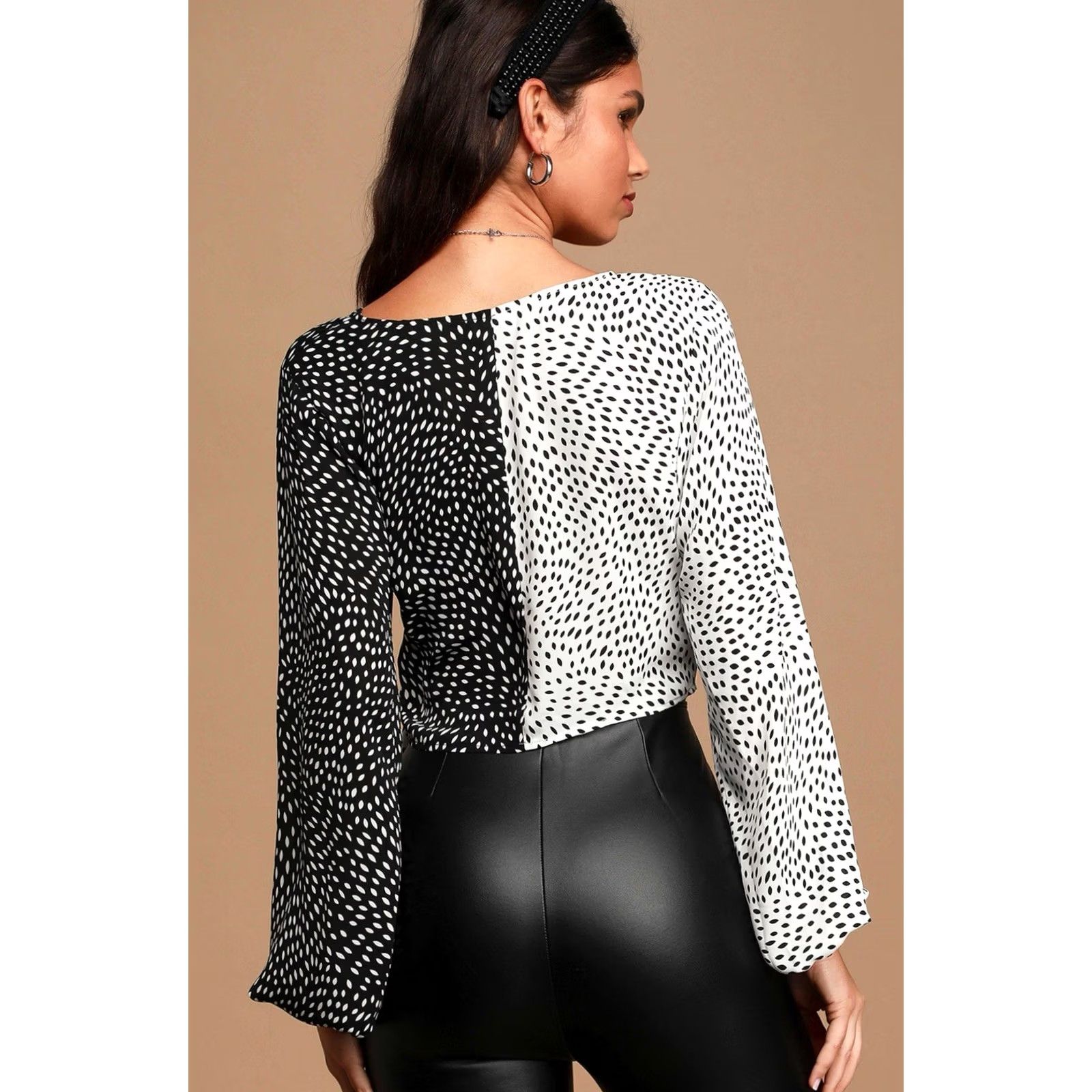 Lulus Lulus Cropped You Dot It Two-Tone Long Sleeve Wrap Top XS Women Shirt Blouse Multicolor Polka Dot Cruella Style Size XS / US 0-2 / IT 36-38 - 2 Thumbnail