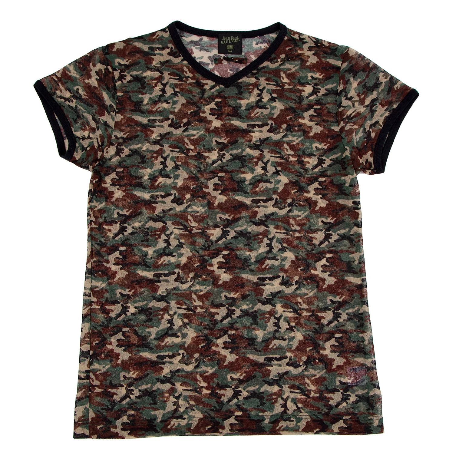 Jean Paul Gaultier Camouflage Print V-Neck T-Shirt in Green Black Beige Size US M / EU 48-50 / 2 - 1 Thumbnail