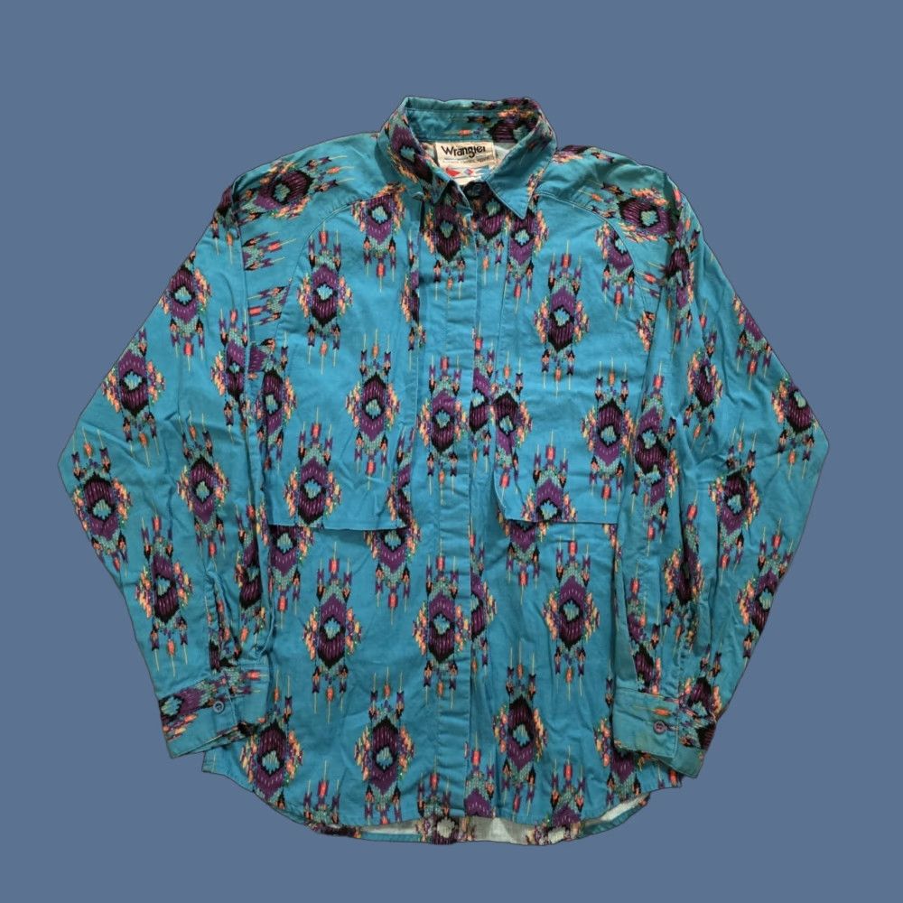 Wrangler VINTAGE Wrangler Western Apparel Women's Rodeo Aztec Button Up Turquoise Medium Shirt Womens 1990s Cotton Western Size S / US 4 / IT 40 - 1 Thumbnail