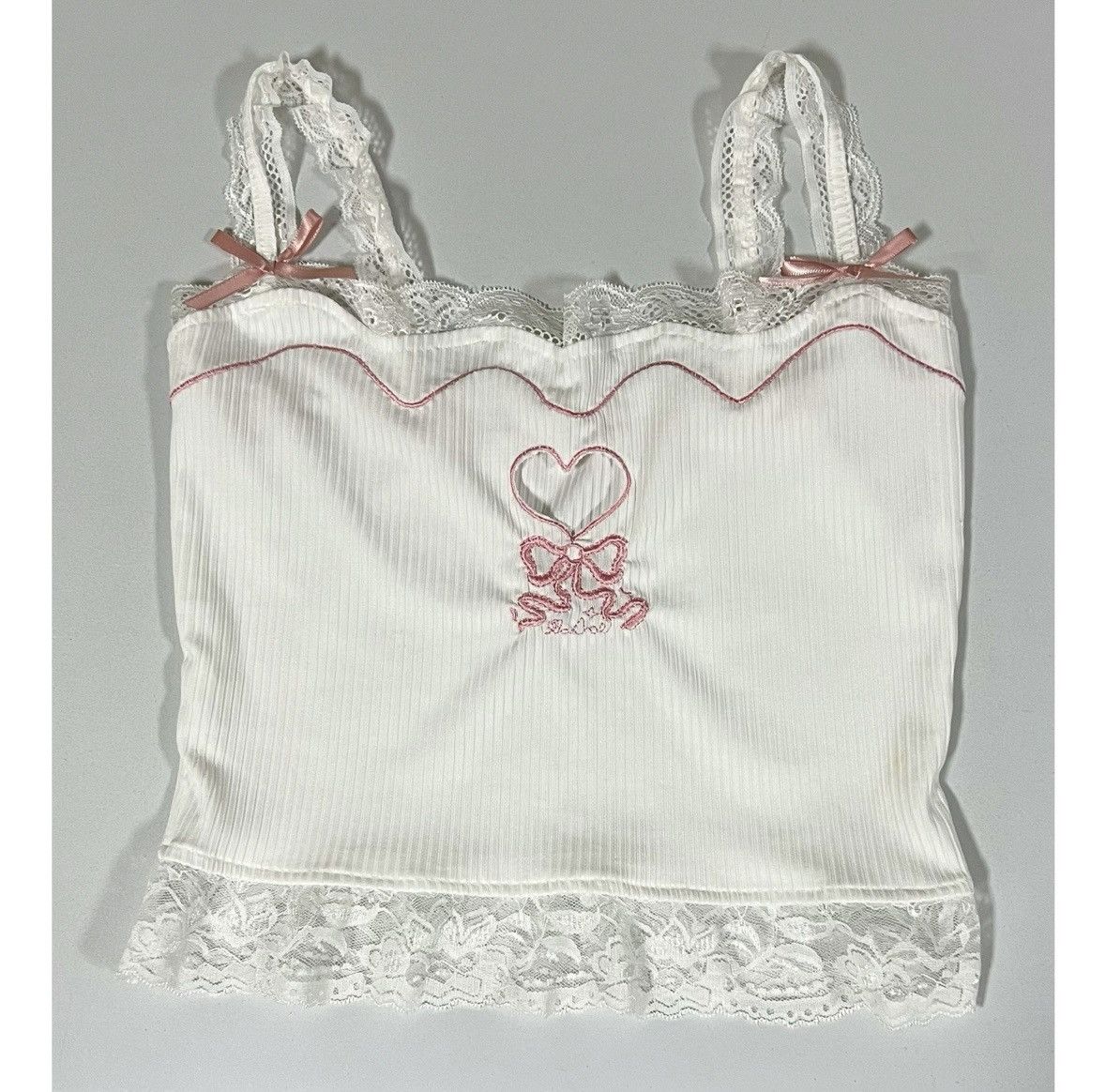 Japanese Brand White Pink Lace Heart Bows Cut-Out Crop Top Shirt Cami XS 🎀✨ Size XS / US 0-2 / IT 36-38 - 1 Thumbnail