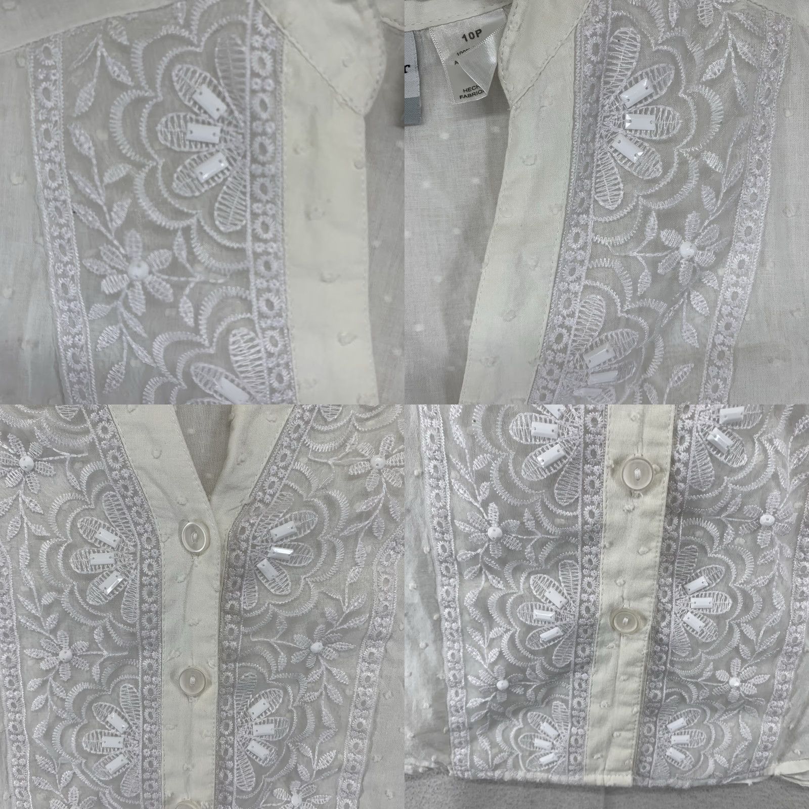Eileen Fisher Eileen Fisher Women 10P White Textured Cotton V-Neck Sheer Bohemian Long Sleeve Button Top Size L / US 10 / IT 46 - 8 Thumbnail