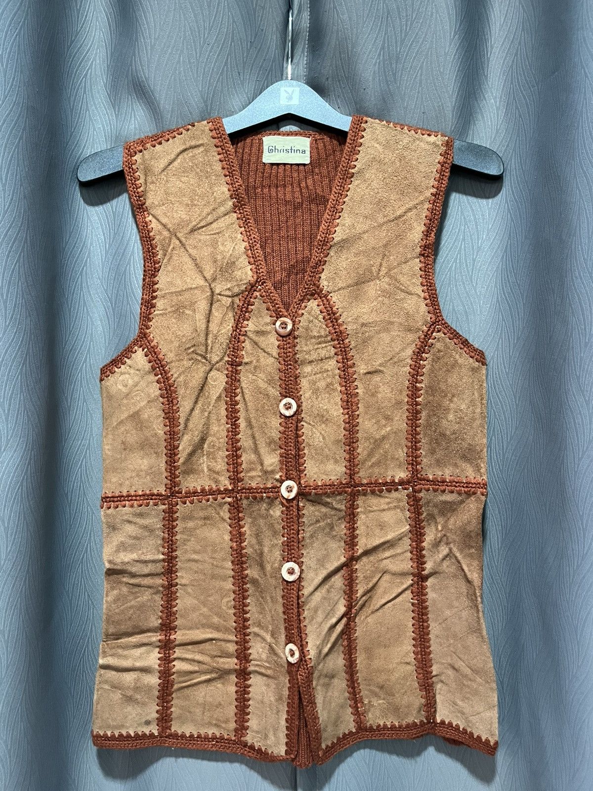 Leather Vintage patchwork knitted leather Vest Size M / US 6-8 / IT 42-44 - 1 Thumbnail