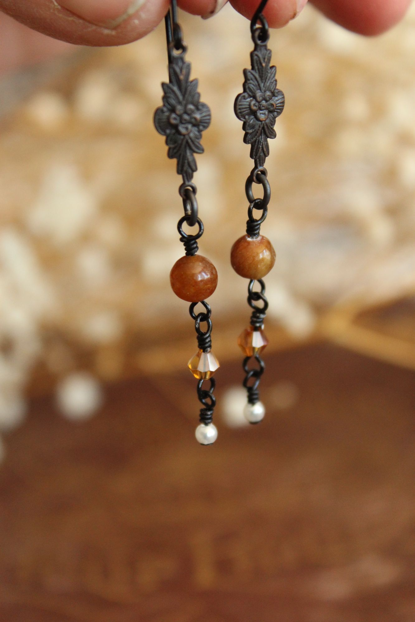 Other Handmade Women's Earrings, Black Metal with Brown Beads and Size ONE SIZE - 6 Thumbnail