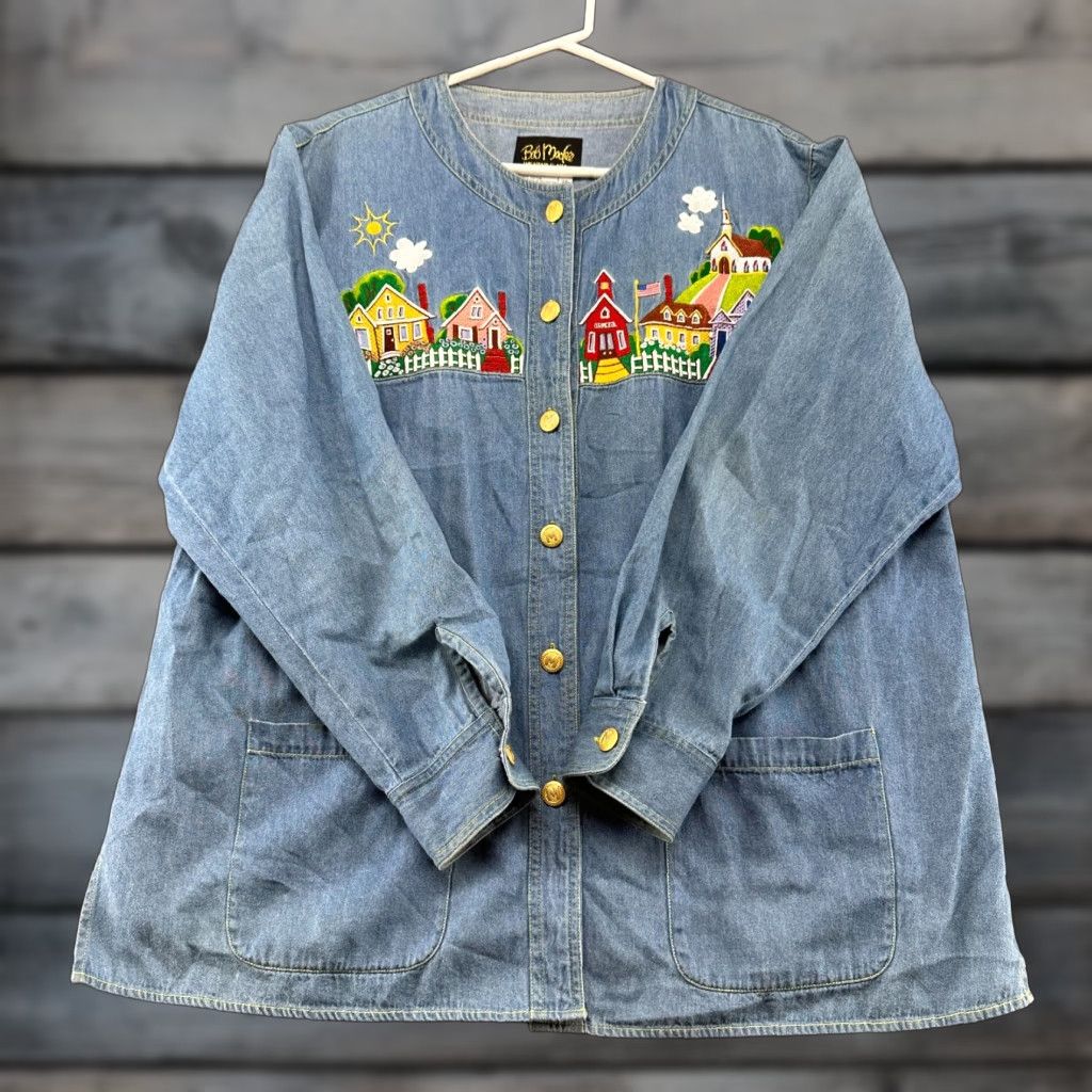 Bob Mackie VINTAGE Bob Mackie Coat Womens 1X Blue Denim Chore Barn Jacket Embroidered 90s Size XL / US 12-14 / IT 48-50 - 1 Thumbnail