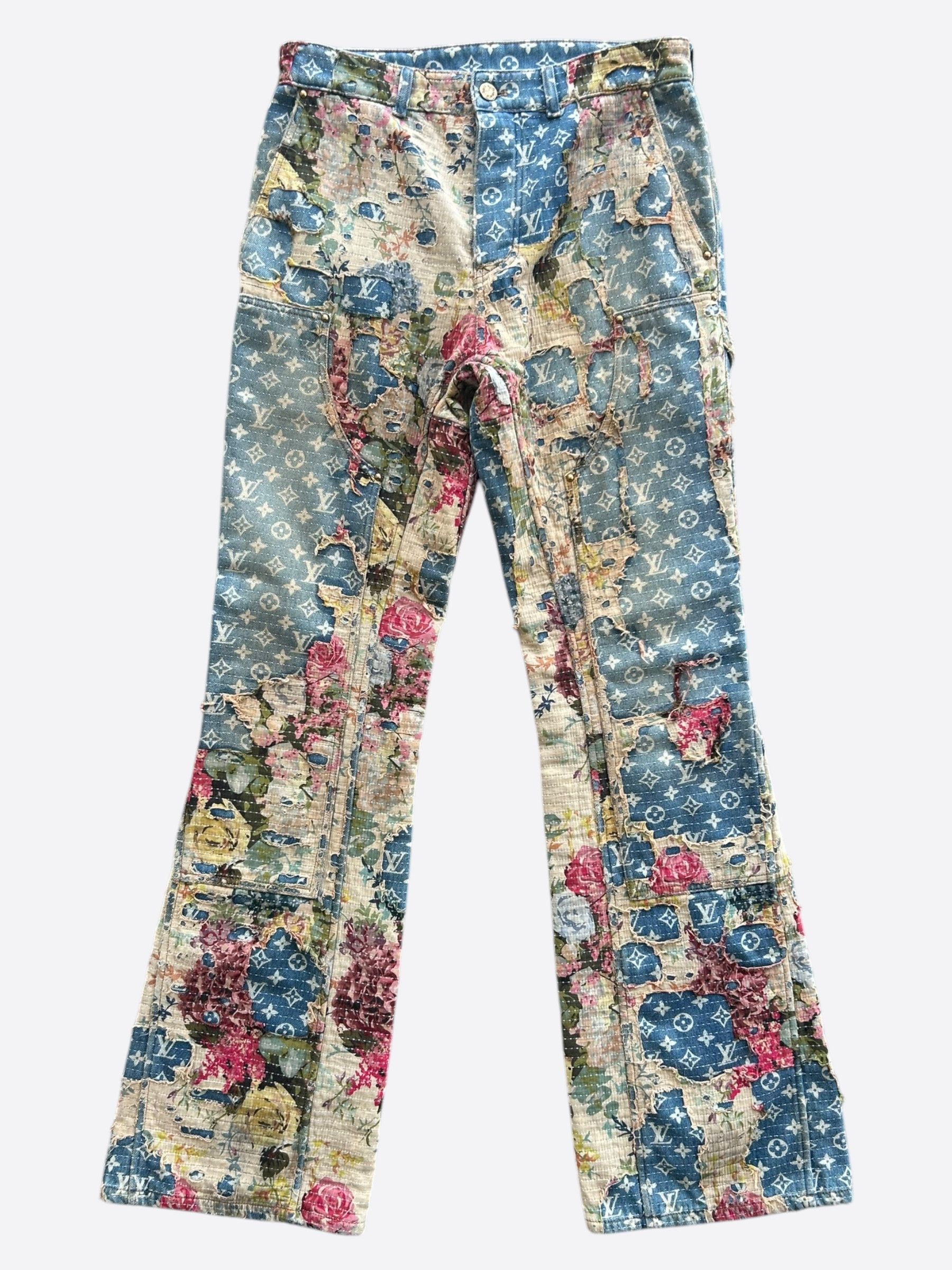 Louis Vuitton Blue Distressed Floral Monogram Flared Carpenter Jeans Size US 30 / EU 46 - 1 Thumbnail