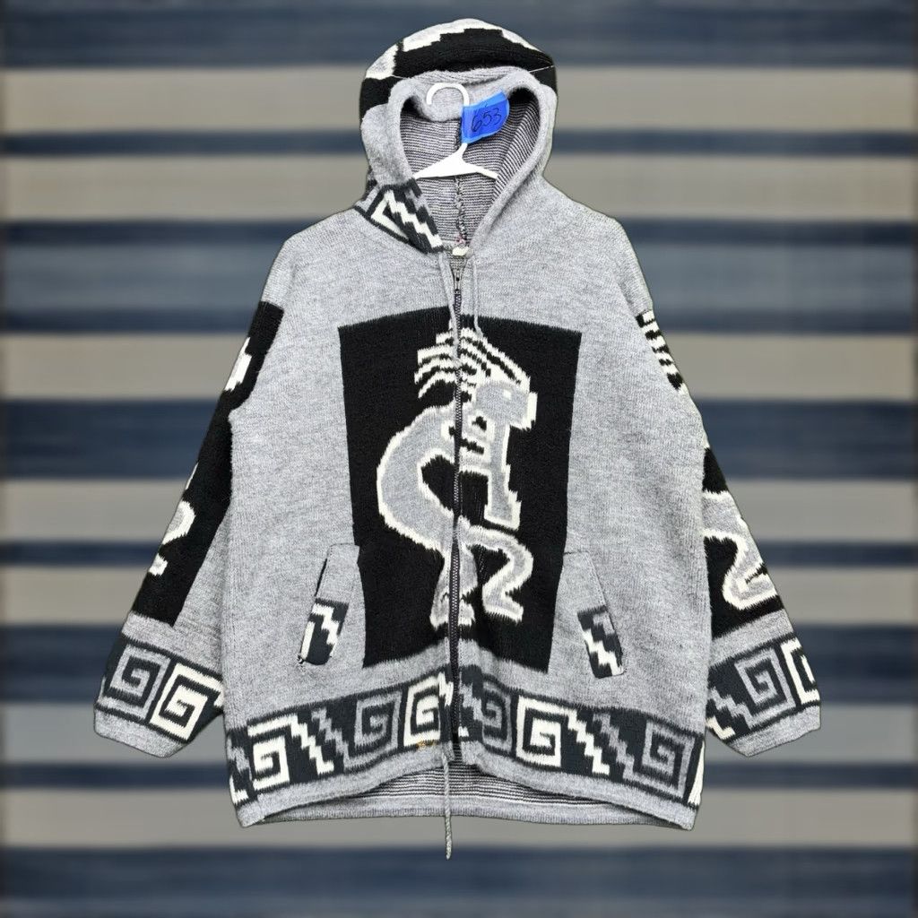 Vintage VINTAGE Genesis Geometric Aztec Knit Full Zip Hoodie Sweater Men L Gray 90s Wool Fleece Warm Winter Hoodie Mens Large 90s Aztec Geometric Pattern Size US L / EU 52-54 / 3 - 1 Thumbnail