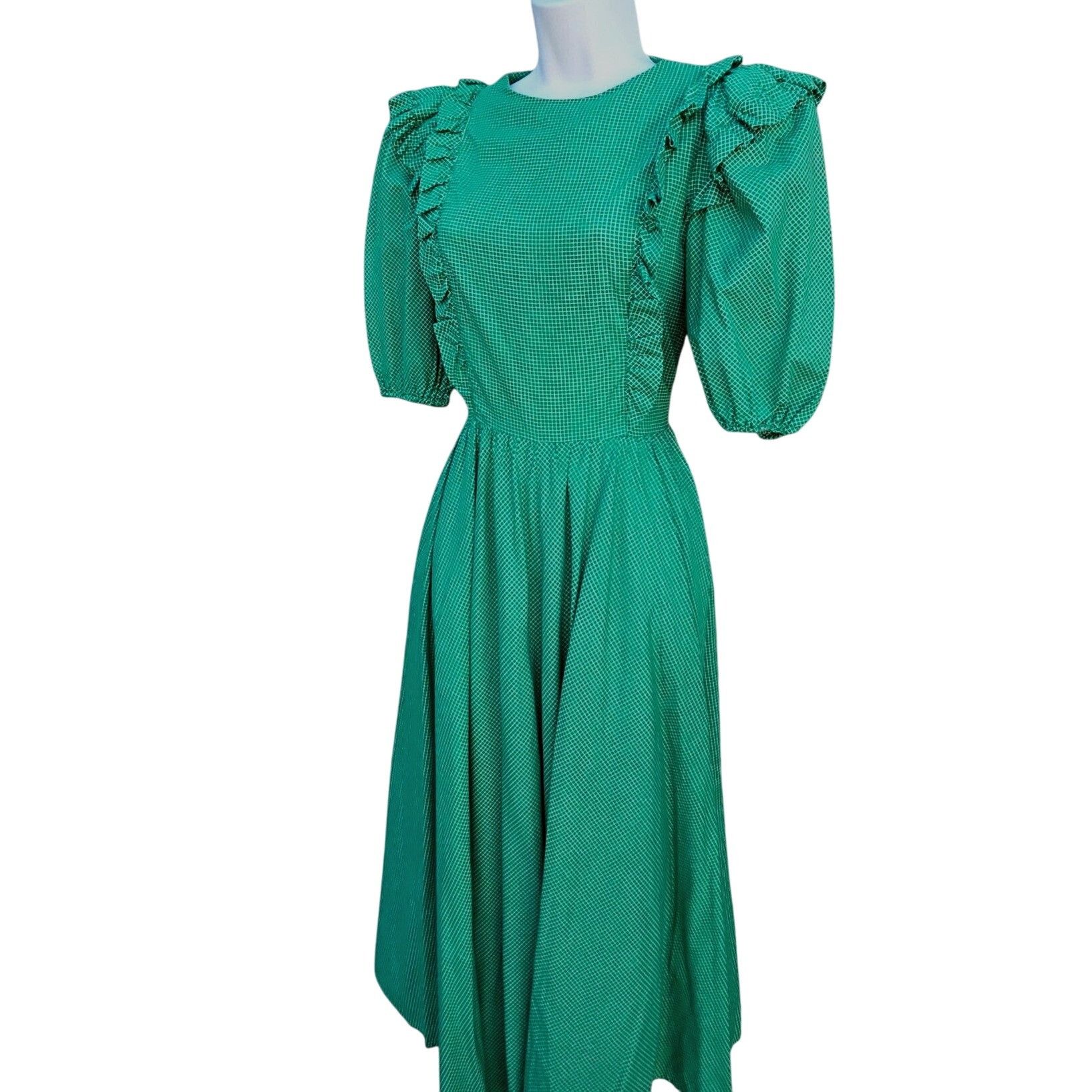 Vintage 1980s Belle France Kelly Green Prairie Dress Cotton Ruffle M Size S / US 4 / IT 40 - 8 Thumbnail