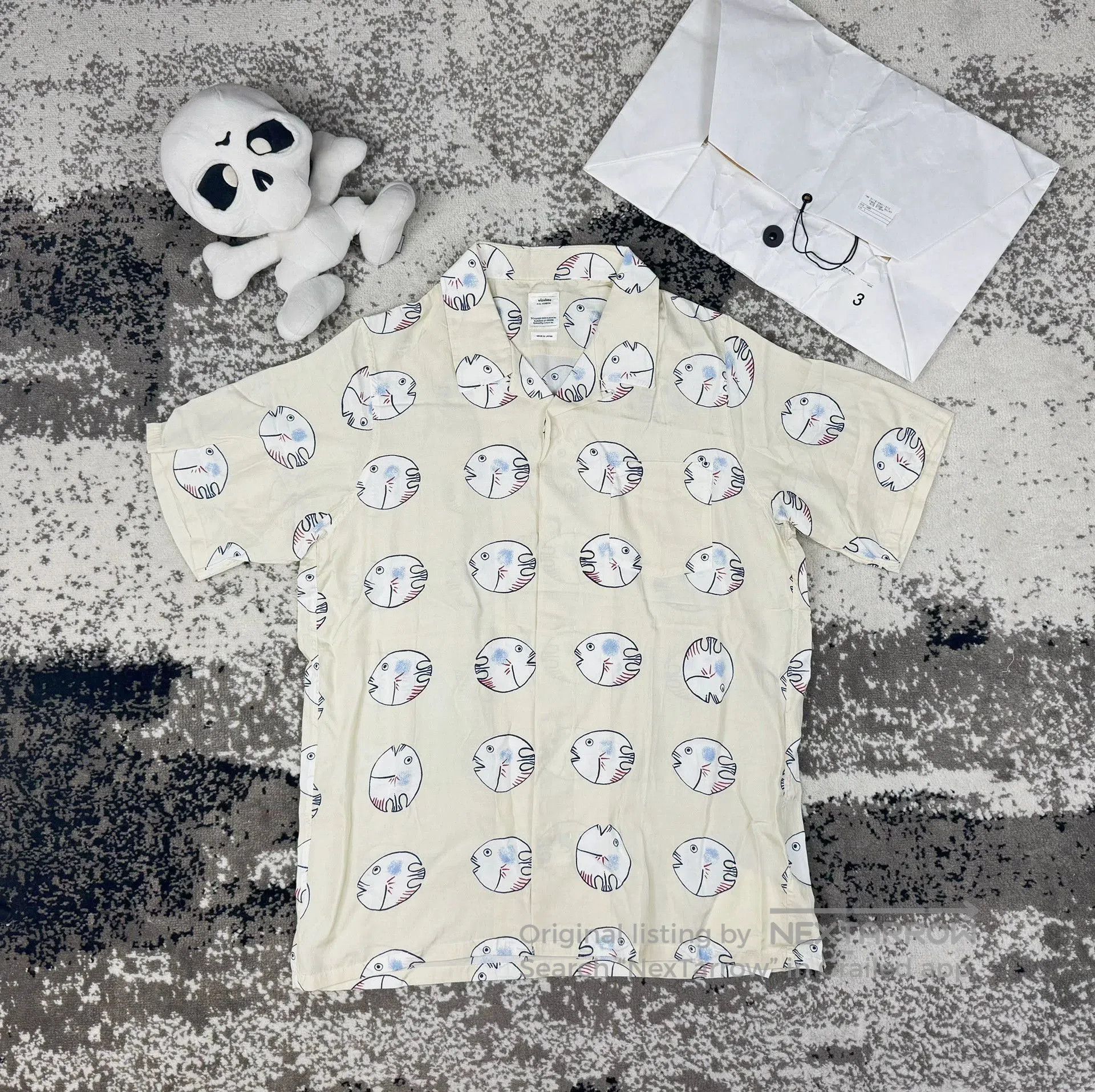 Visvim Beige Fish Print Short Sleeve Shirt - Size L. Size US L / EU 52-54 / 3 - 1 Thumbnail