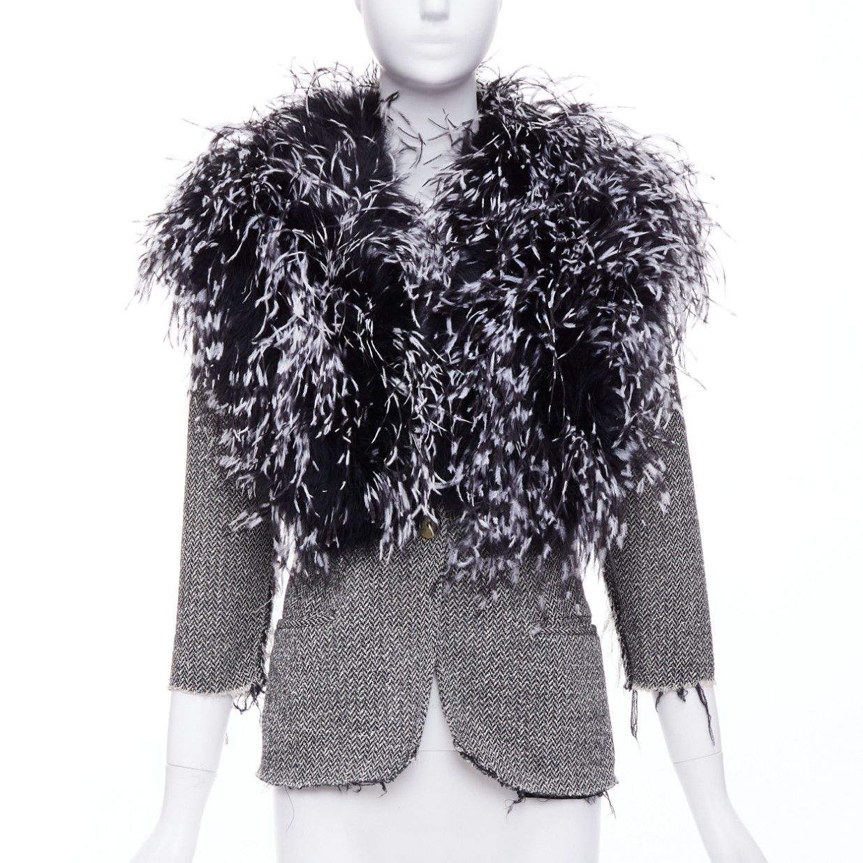 Libertine LIBERTINE handmade black white feather collar herringbone tweed jacket Size M / US 6-8 / IT 42-44 - 1 Thumbnail