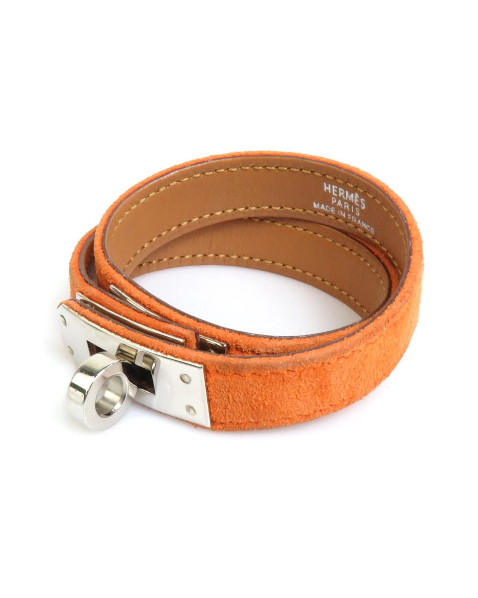 image of Hermes Luxurious Suede And Metal Kelly Double-Turn Charm Bracelet in Orange, Women's