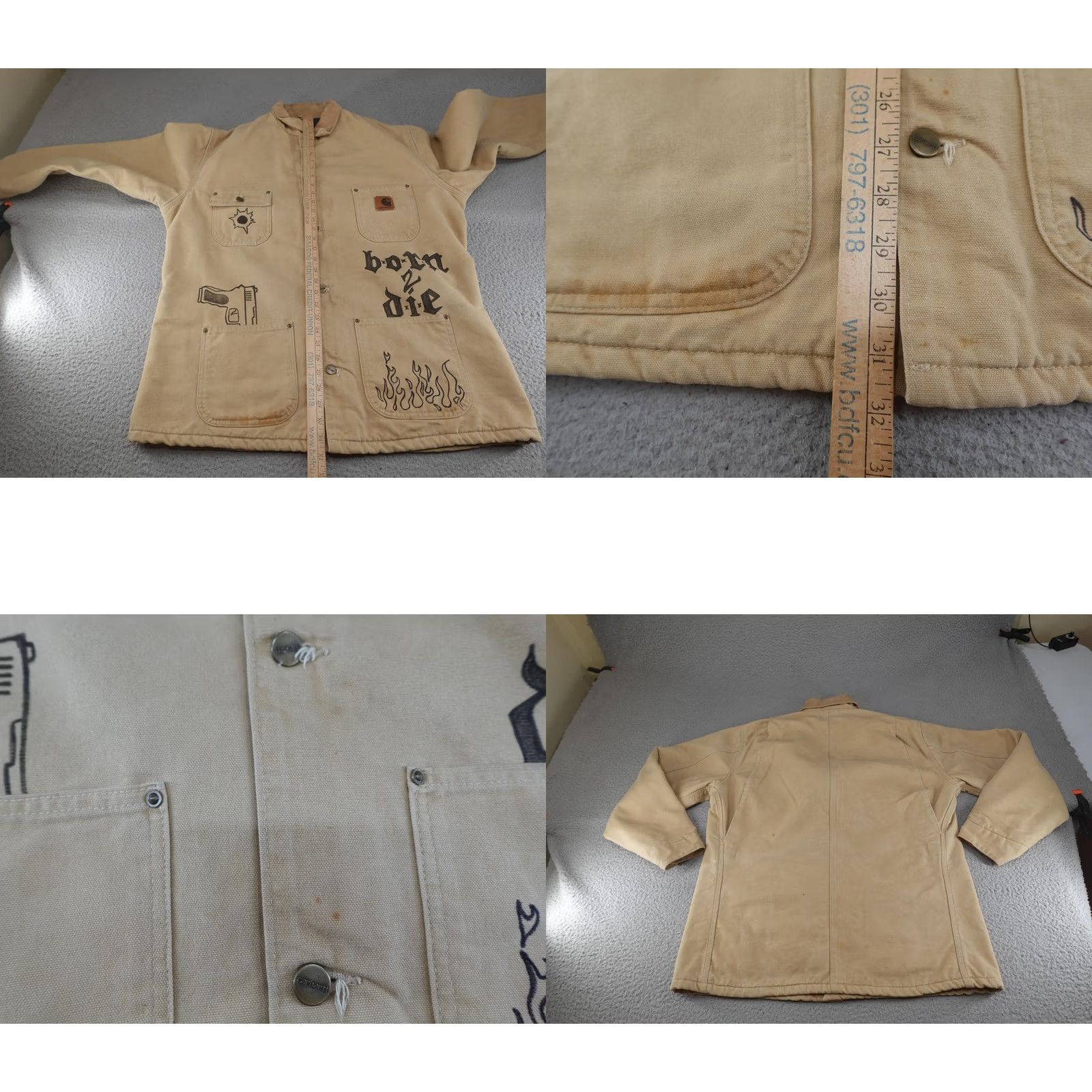 Carhartt VINTAGE Carhartt Jacket Mens LT Beige Duck Canvas Chore Coat Fire Flames Hand-Painted Logo Pockets Lined Insulated Workwear Size US L / EU 52-54 / 3 - 9 Thumbnail