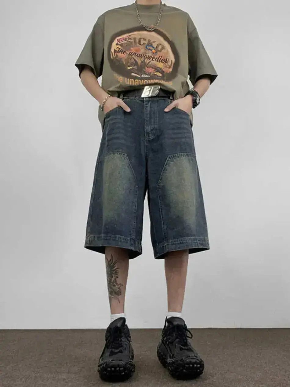 Japanese Brand Retro washed straight leg wide leg denim shorts Size US 30 / EU 46 - 1 Thumbnail