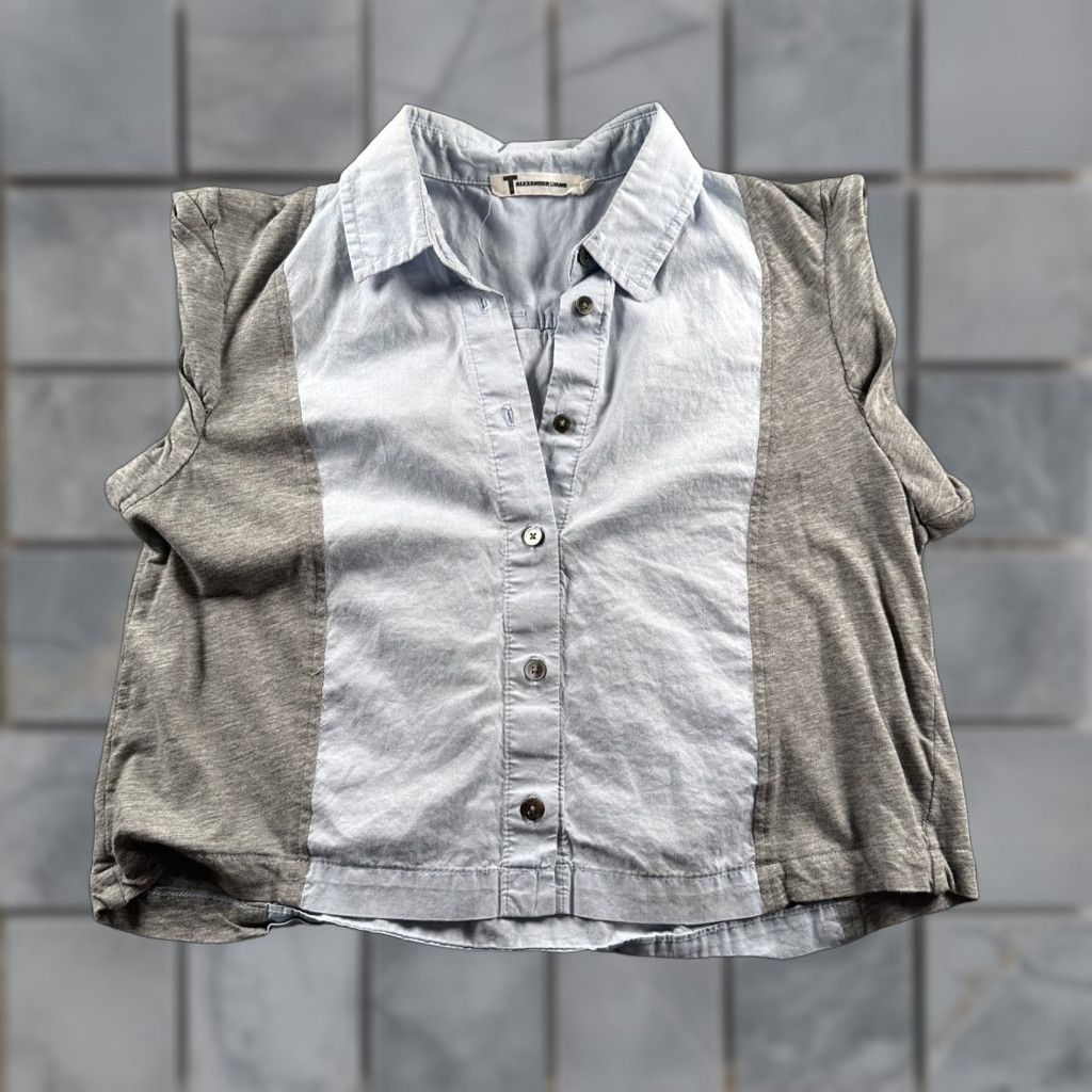 T by Alexander Wang T by Alexander Wang Top Womens Short Sleeve Button Front Mixed Media Gray Blue Size M / US 6-8 / IT 42-44 - 1 Thumbnail