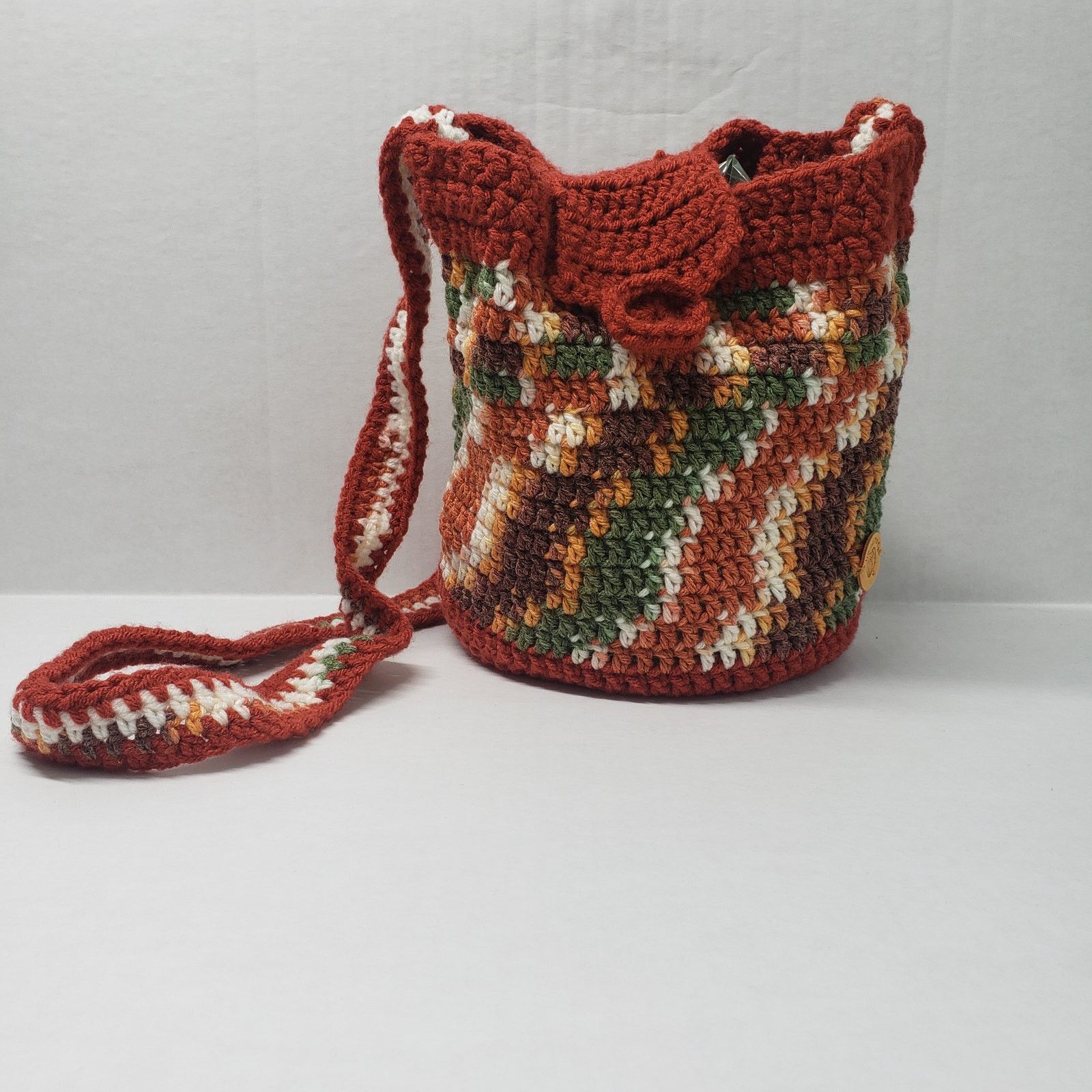 Handmade Striped Crochet Crossbody Bucket Bag Brown Small Handmade Size ONE SIZE - 3 Thumbnail