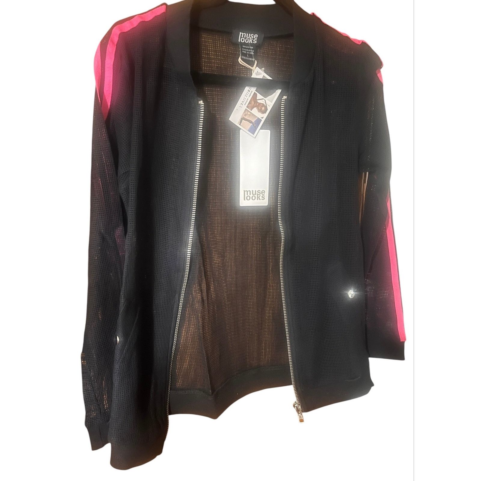 Other Muse Looks Black Mesh Jacket With Pink Stripes Size L NWT Size L / US 10 / IT 46 - 2 Thumbnail