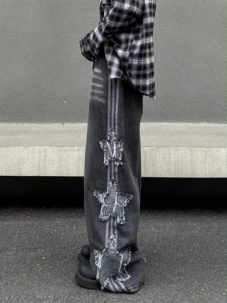 Japanese Brand × Jean Star Patch Embroidery Baggy Stacked Jeans Size US 33 - 3 Thumbnail