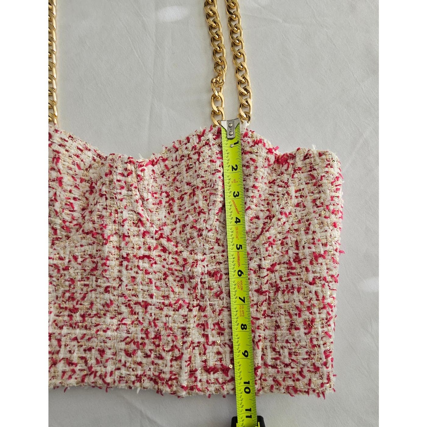 Alice + Olivia Alice +Olivia Cristi Pink Tweed Chain Bustier Crop Top 14 Size XL / US 12-14 / IT 48-50 - 8 Thumbnail