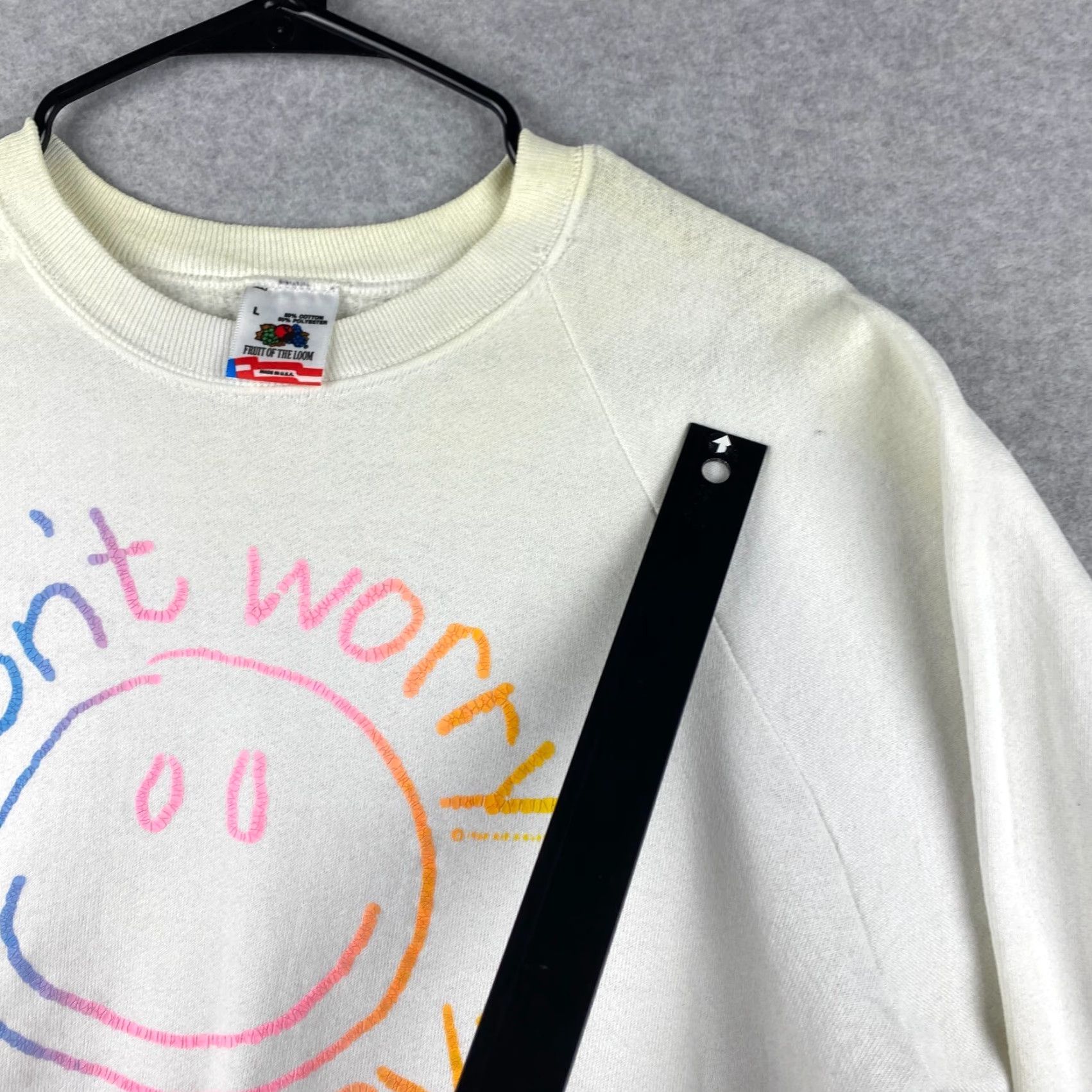 Fruit Of The Loom Fruit Of The Loom Sweater Mens Large White Dont Worry Be Happy USA Made Size US L / EU 52-54 / 3 - 4 Thumbnail