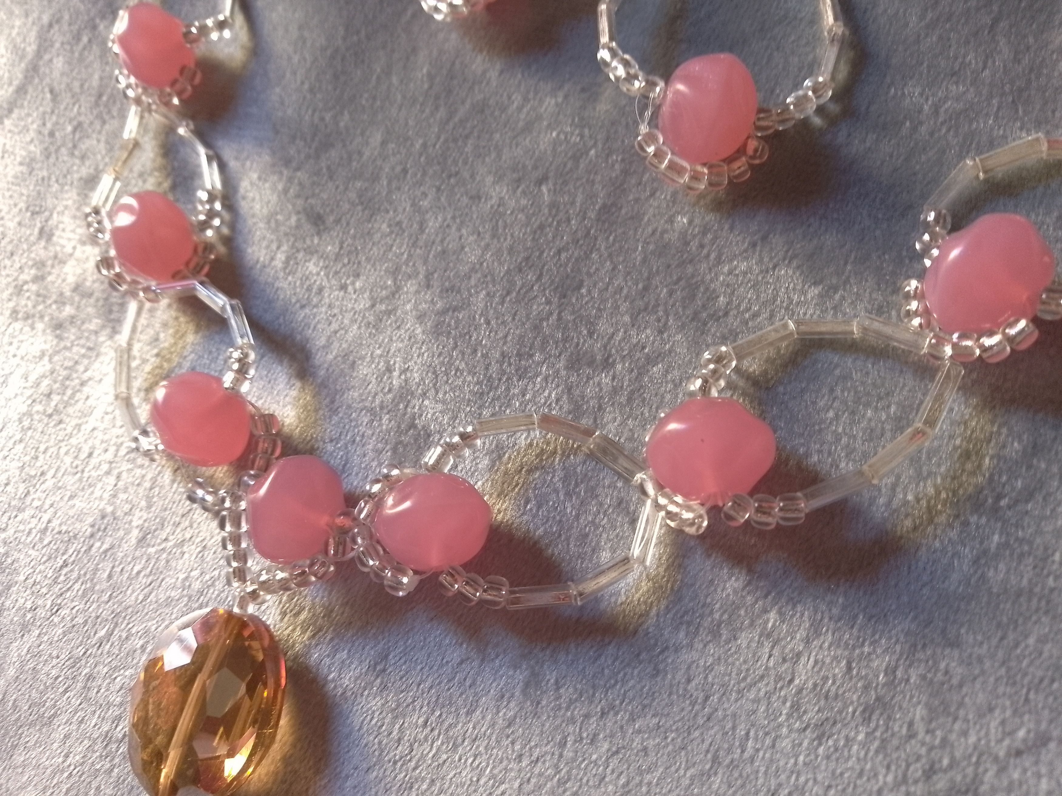 Handmade Necklace Pink Resin Stones Crystal Pendant. Earrings Size ONE SIZE - 9 Thumbnail