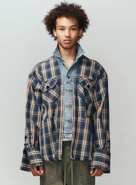 image of $1250 NWT Greg Laurent Navy Plaid Trucker Front Boxy Us-L, Men's (Size Large)