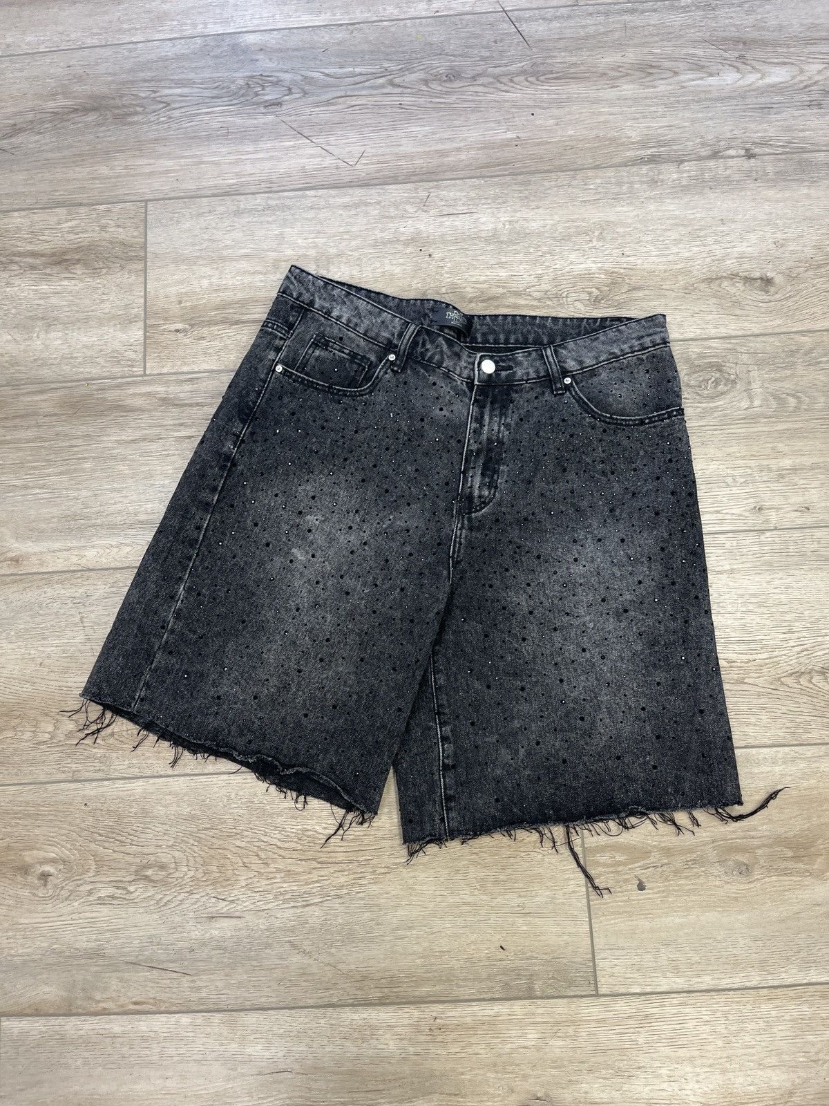 HMDD HMDD Black Rhinestone Denim Shorts Size US 34 / EU 50 - 1 Thumbnail