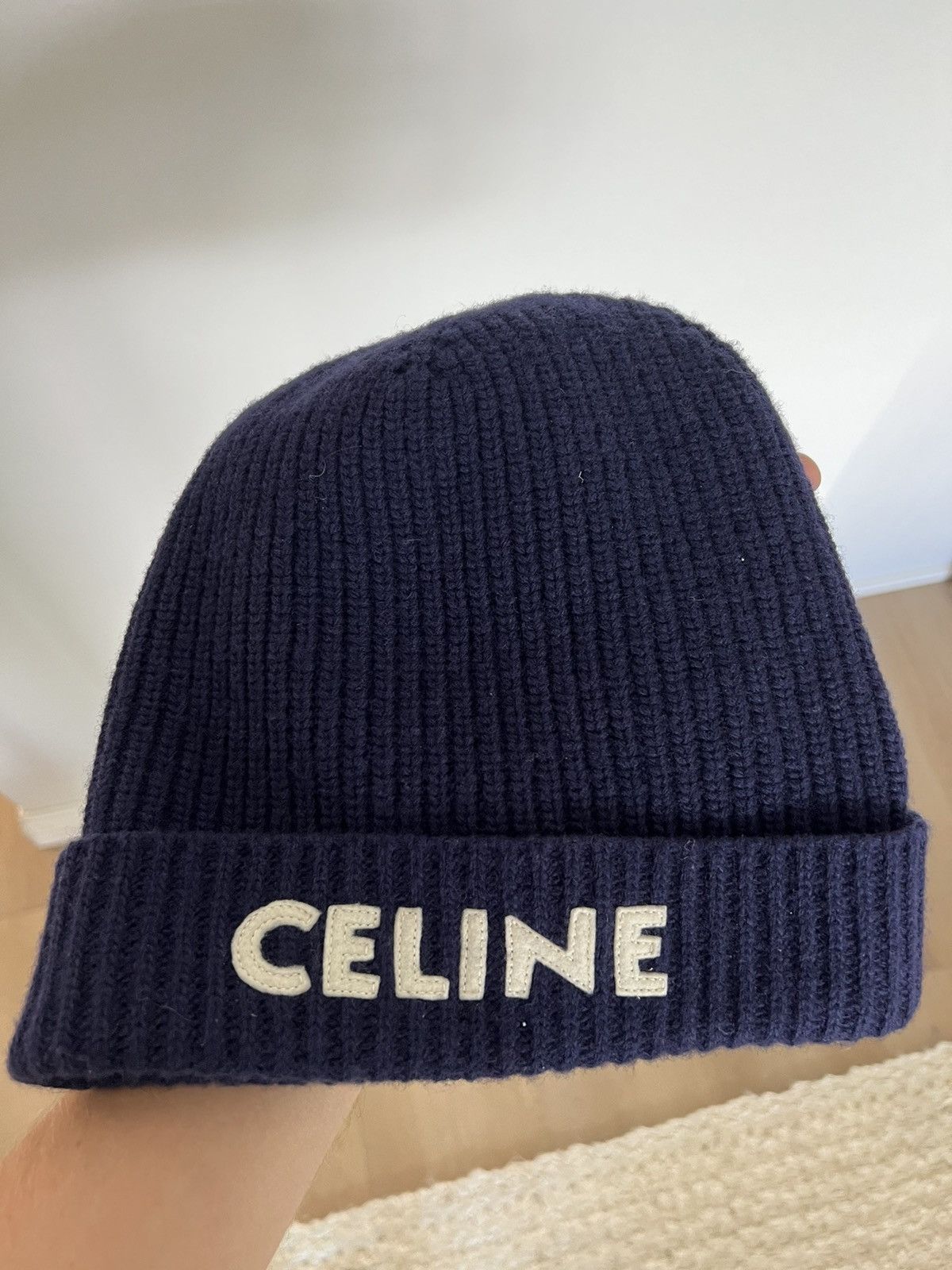 image of Celine Wool Logo Beanie in Blue, Men's