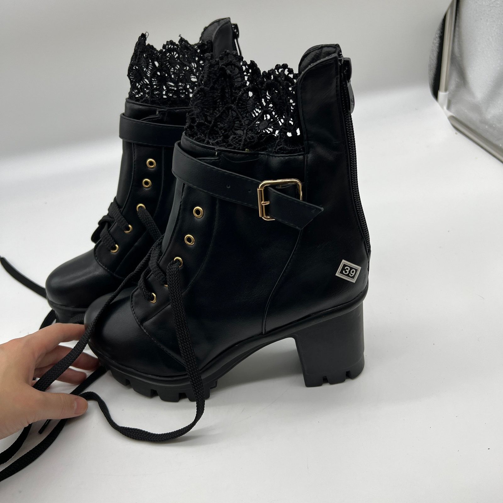 Other Women's Lace up Belt Buckle Boot Chunky Block High Size US 8 / IT 38 - 3 Thumbnail