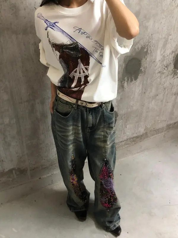 Jean Mitsuoka x Kumi Baggy Patchwork Embellished Wide Leg Jeans Size US 30 / EU 46 - 7 Thumbnail