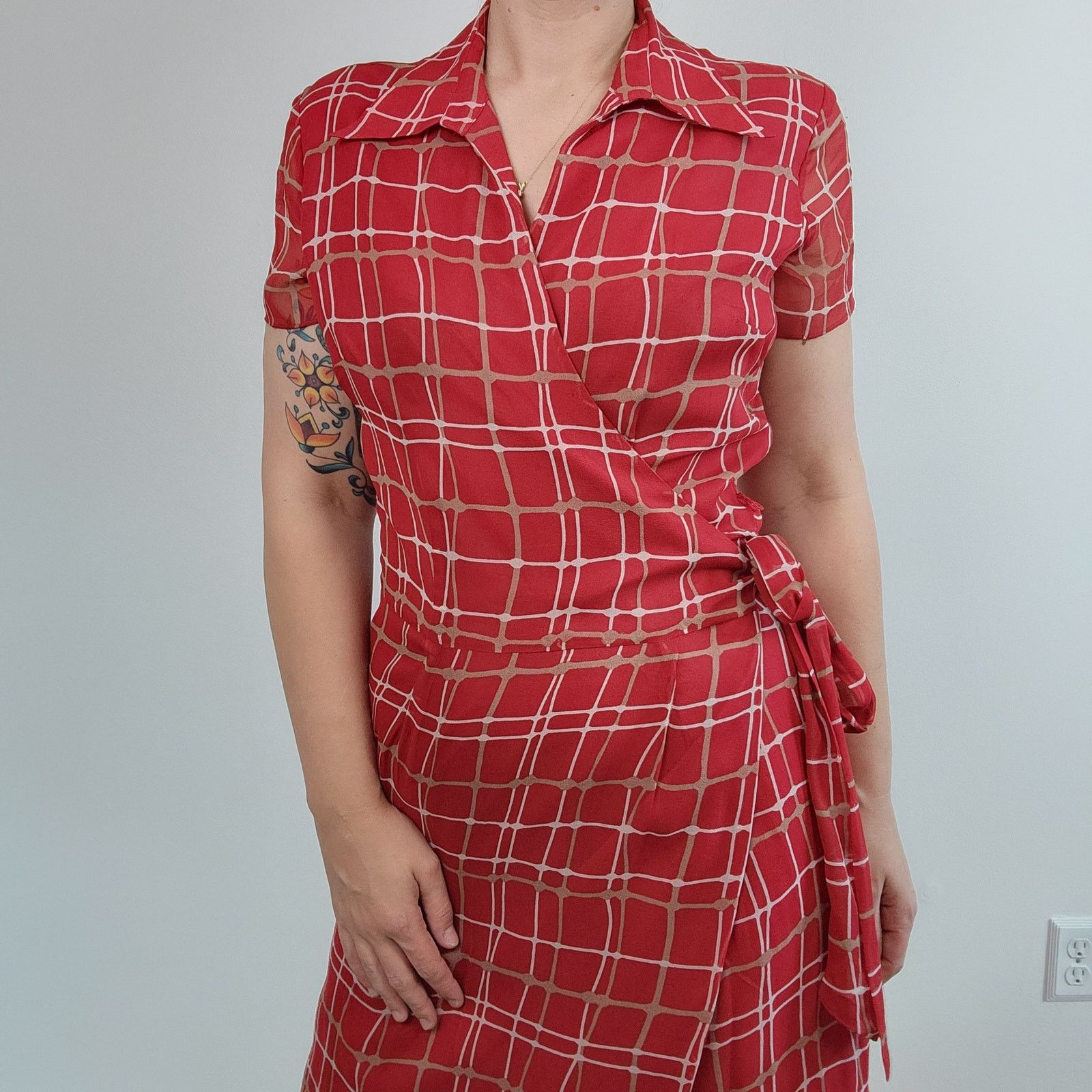 Other Silk 90s Wrap Dress Plaid Short Sleeve Checked Midi Red M Size M / US 6-8 / IT 42-44 - 2 Thumbnail