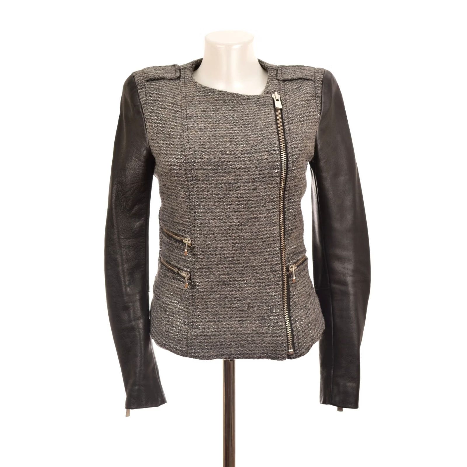 Maje VINTAGE Maje H12 Rumeur Wool Leather Moto Biker Jacket Women 38 Gray Wool Leather Moto Biker Jacket Women 38 Gray Size XS / US 0-2 / IT 36-38 - 2 Thumbnail