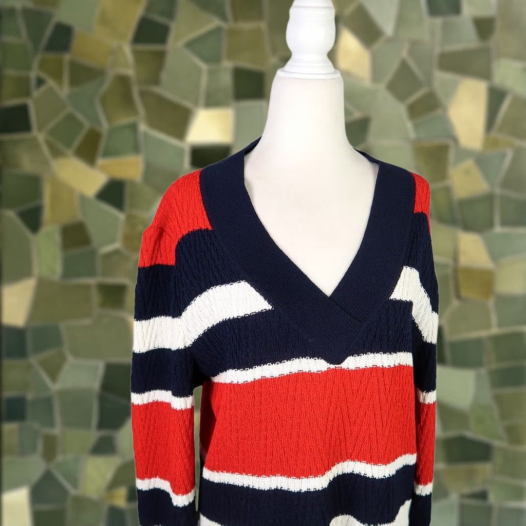 St. John VINTAGE St. John Sport Sweater Shirt Ladies M Knit V-Neck Red White Navy Stripe Nautical 90s USA Patriotic Long Sleeve Pullover Costume/ Casual Size M / US 6-8 / IT 42-44 - 1 Thumbnail