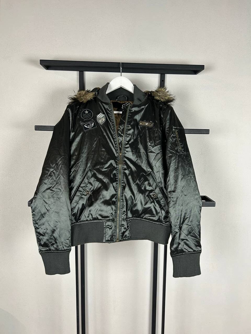 Fox Racing Fur Trim Bomber Jacket Y2K Military Patch Nylon Black Size US M / EU 48-50 / 2 - 6 Thumbnail