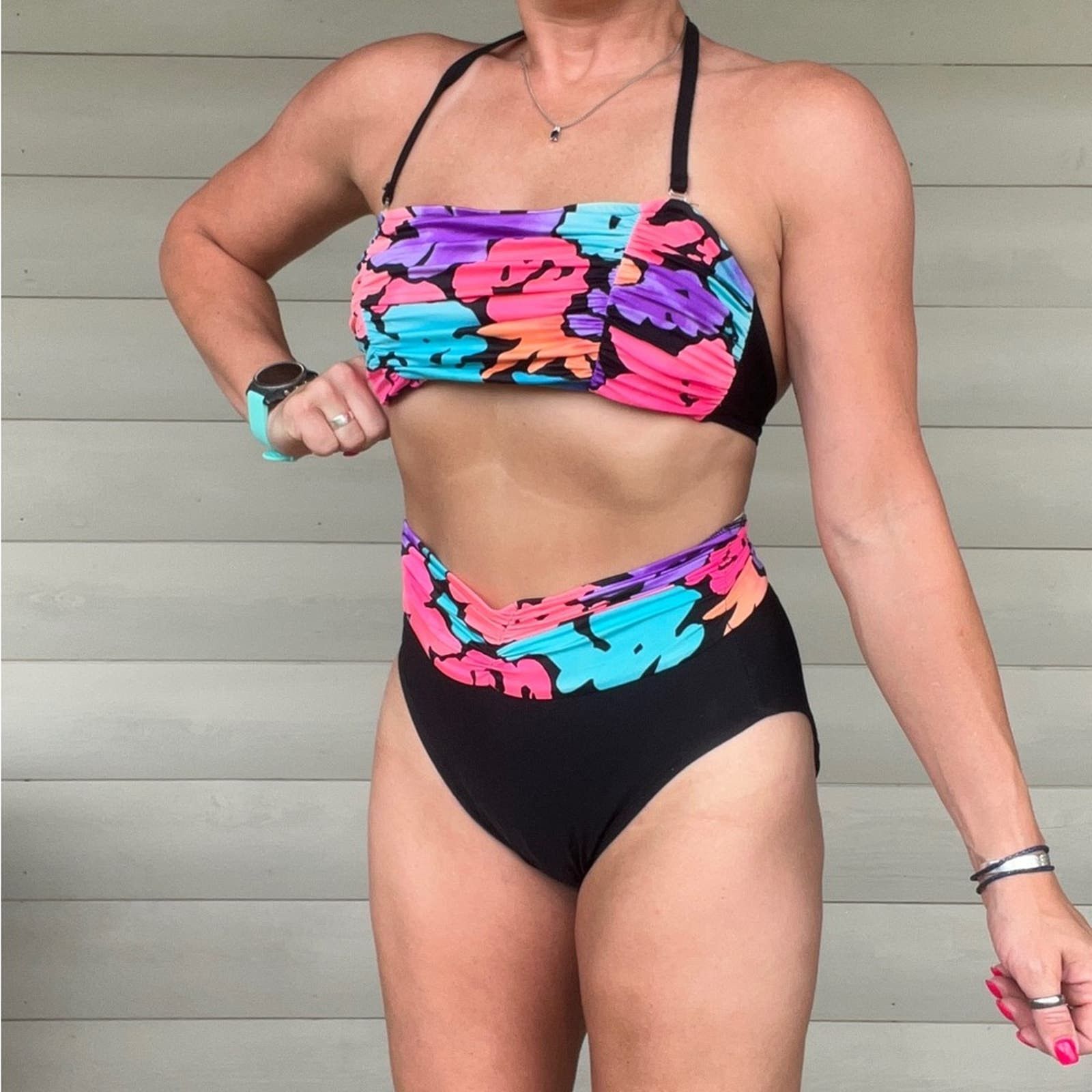image of Vintage 80's Carol Weir Hi-Rise High Hip Neon Ruched Two Piece Bikini in Pink, Women's