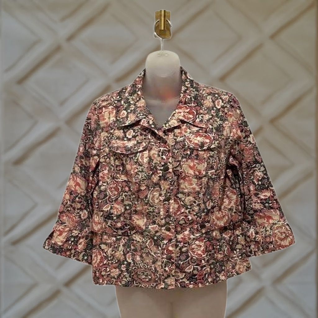 Vintage VINTAGE Christopher & Banks Floral Paisley Jacquard Cropped Blazer Jacket PETITE L Pink 3/4 Sleeve Button Front Size L / US 10 / IT 46 - 1 Thumbnail