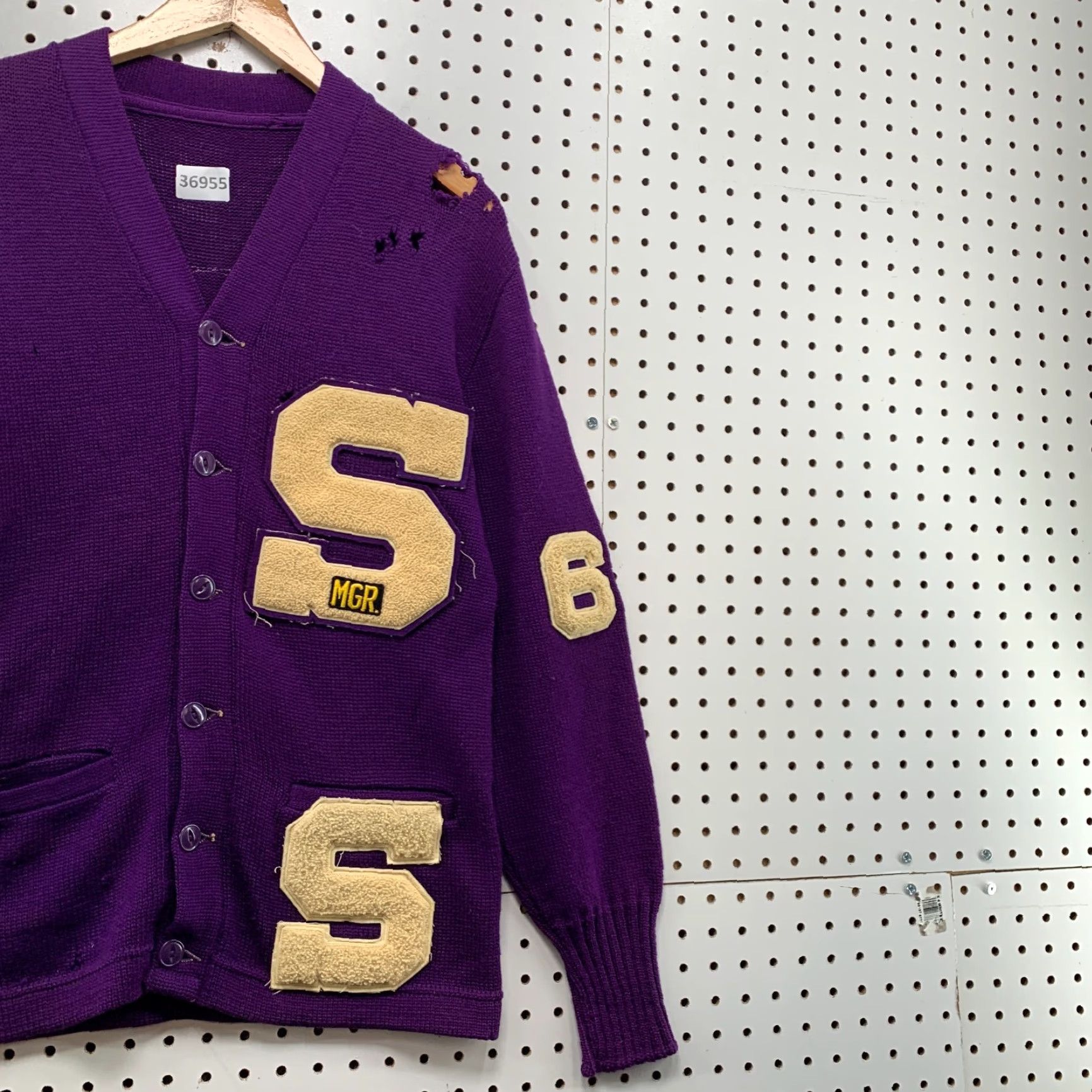Vintage VINTAGE 60s Letterman Cardigan Sweater Mens Size Small Purple Solid Knit Long Sleeve V-Neck Distressed School Mens Size US S / EU 44-46 / 1 - 5 Thumbnail
