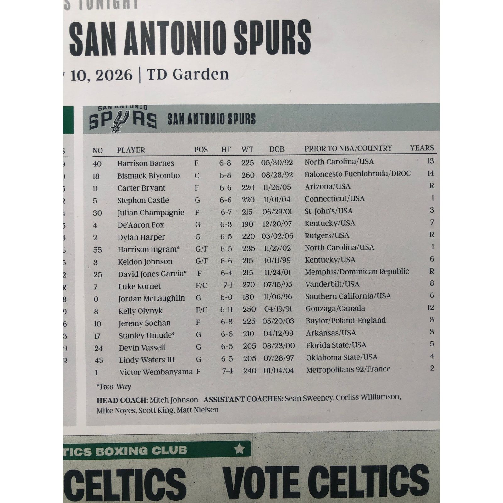 NBA Boston Celtics v San Antonio Spurs 1/10/26 Poster Minott Size ONE SIZE - 6 Thumbnail