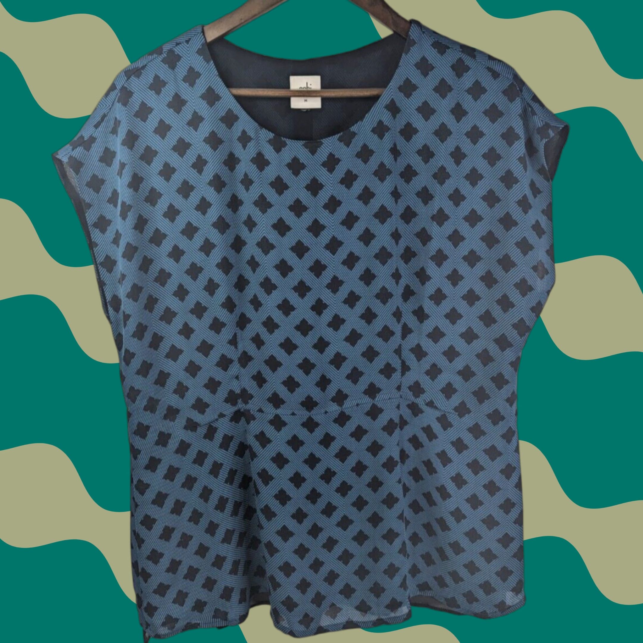 Vintage CAbi Blouse Shirt Cap Sleeve Round Neck Women M Blue Pacific Foulard Peplum Lightweight Geometric Pattern Size M / US 6-8 / IT 42-44 - 1 Thumbnail