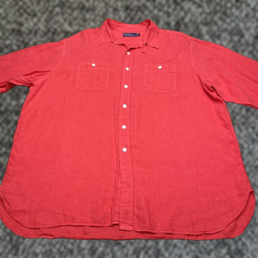 VINTAGE Polo Ralph Lauren Shirt Adult XL Red Linen Button-Up Long Sleeve Casual Workwear 1960s 90s Mens