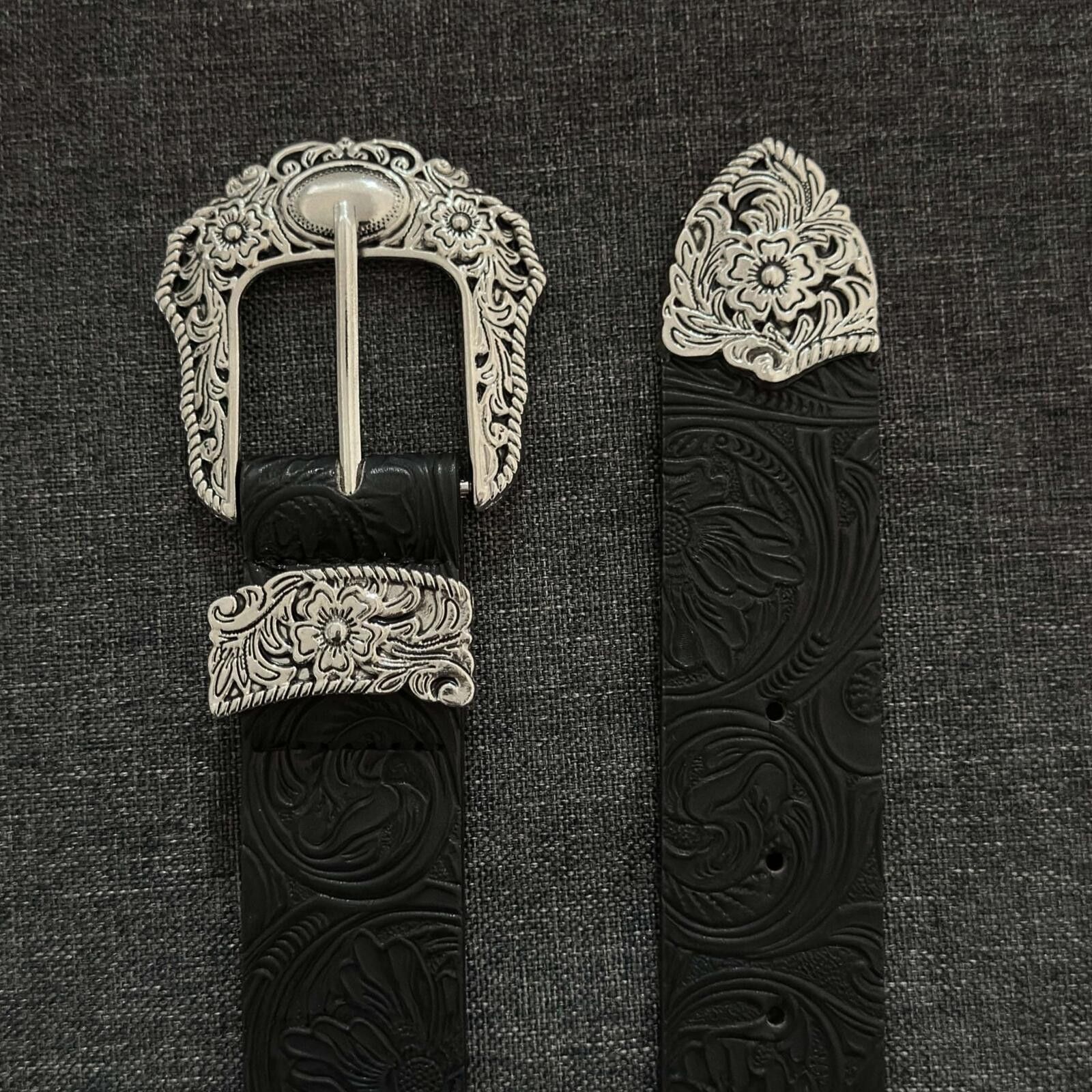 Leather Engraved Floral Buckle Belt | Dark Vintage Black Street Size ONE SIZE - 3 Thumbnail